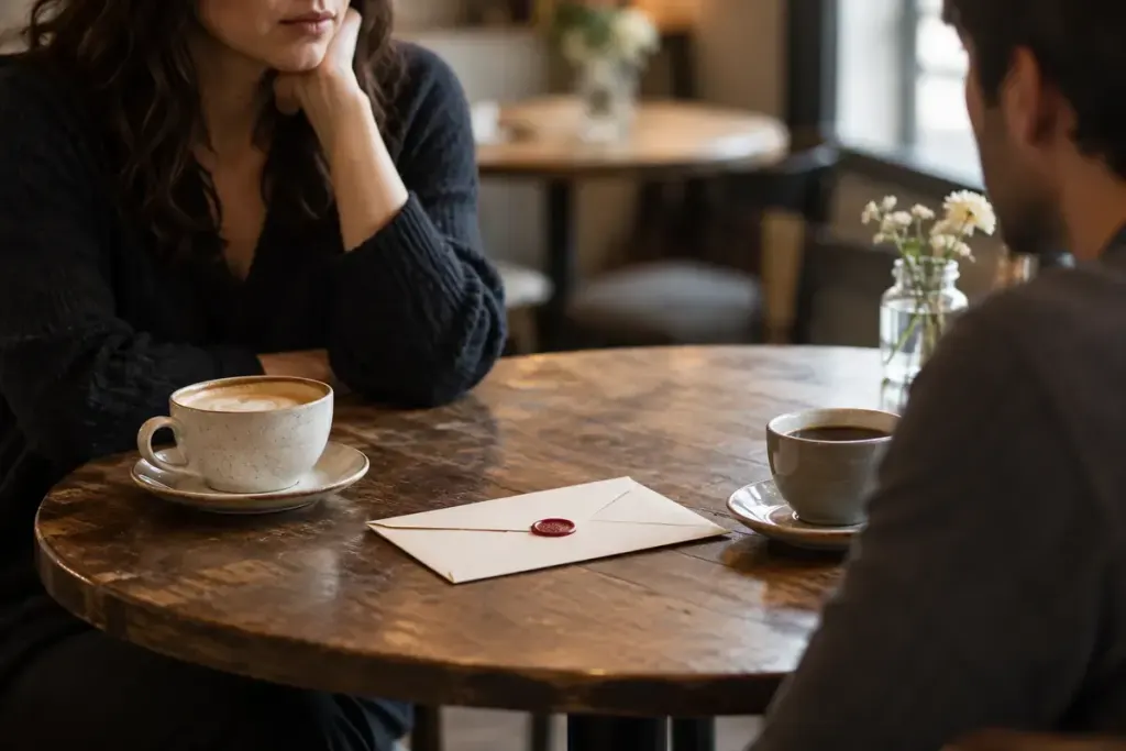 Two cups and a sealed envelope on a cafe table.