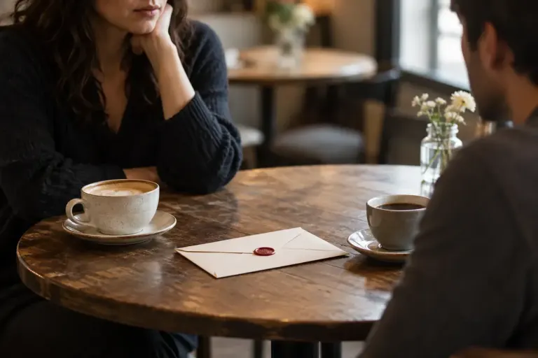 Two cups and a sealed envelope on a cafe table.