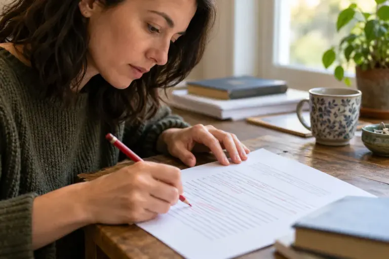 A writer marking a printed paragraph with a pencil.