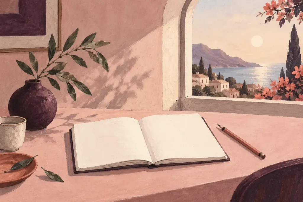Illustration of an open notebook beside a window, a pencil and a small leafy branch