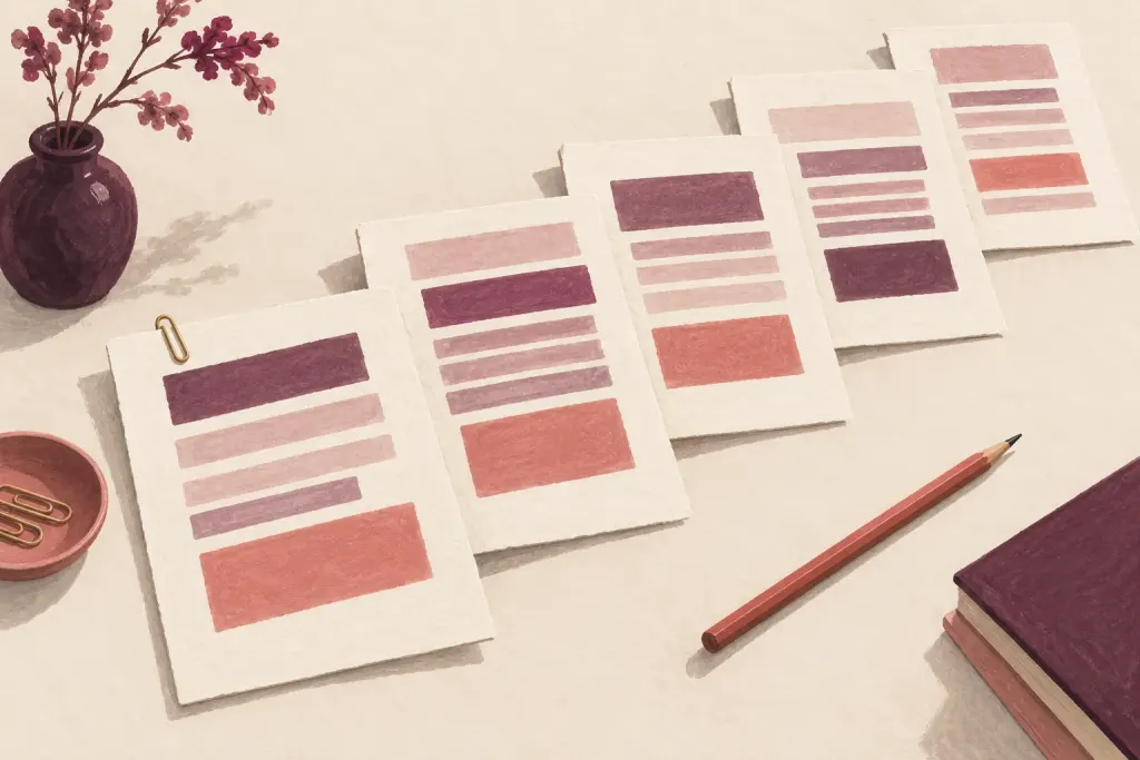 Editorial illustration of manuscript sheets arranged in a stepped sequence with simple colored paragraph shapes