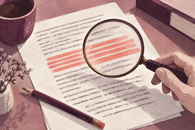 Illustration of a magnifying glass over a draft page with a broad highlighted paragraph and a pencil