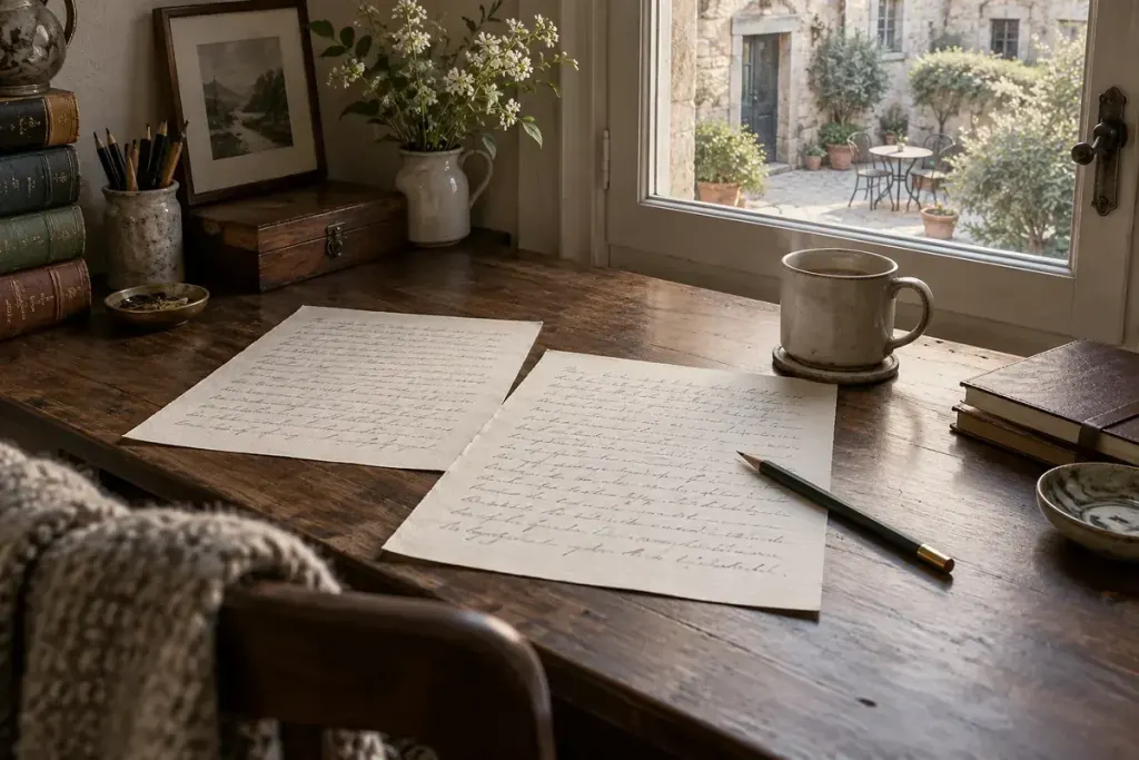 Draft pages and a pencil beside a window overlooking a courtyard.